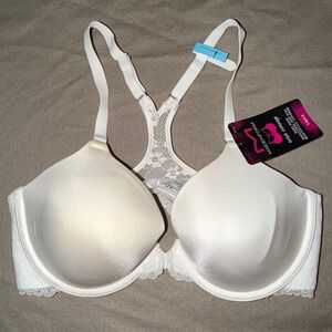 Maidenform White Extra Coverage T-Back Front Close Lace Bra 34C 07112 NEW